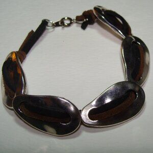 Custom Jewelry, Silver Tone Ovals Threaded with Brown & Black Suede Leather